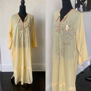 Vintage Yellow Arabic Kaftan Gold Floral Caftan Semi Sheer Maxi Arabian Dress